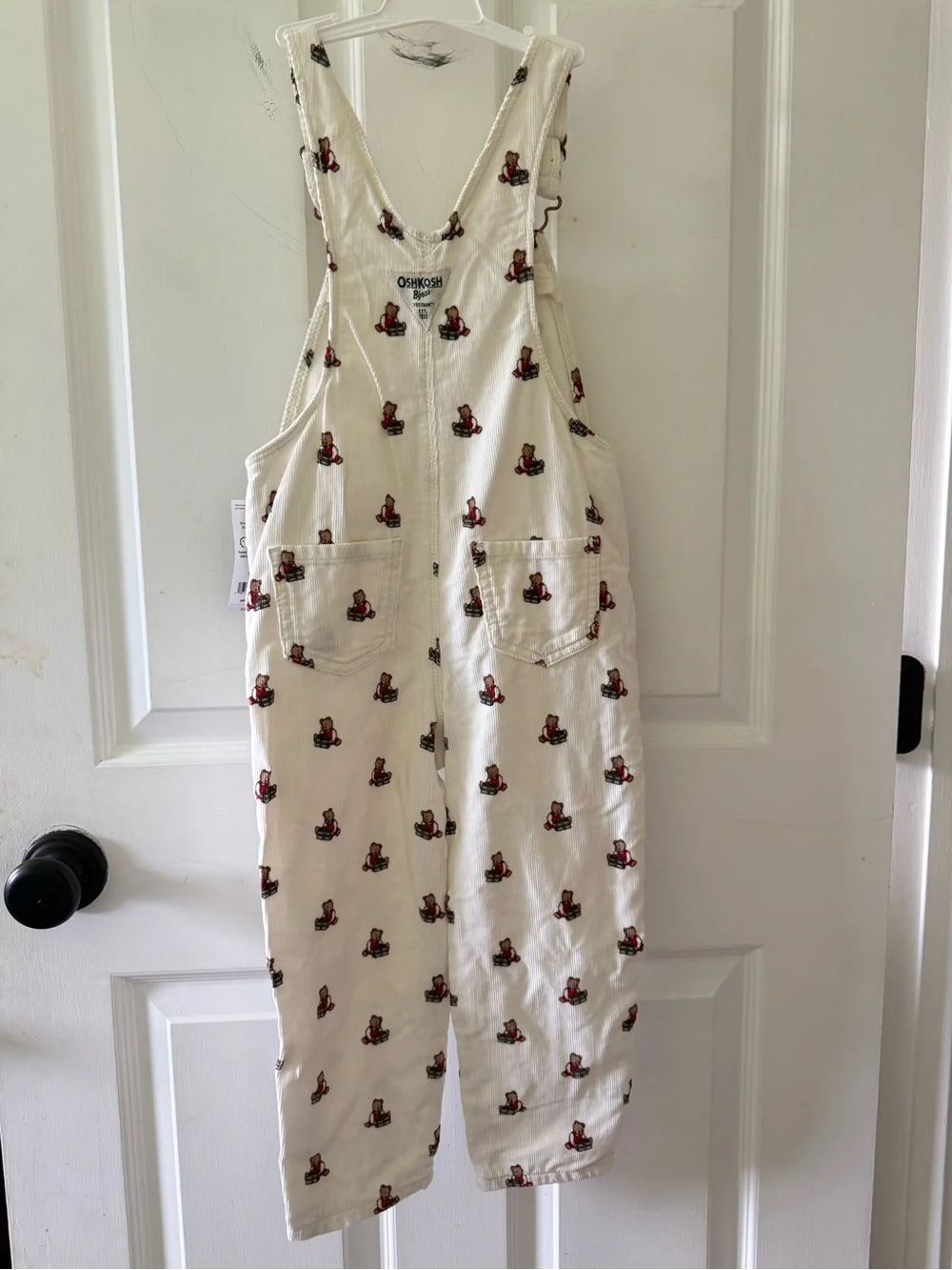 OshKosh B'gosh Cream Overalls with Red Teddy Bear